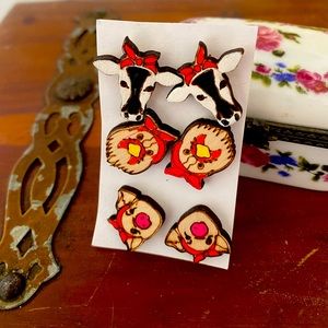 Wooden animal earrings, set of 3